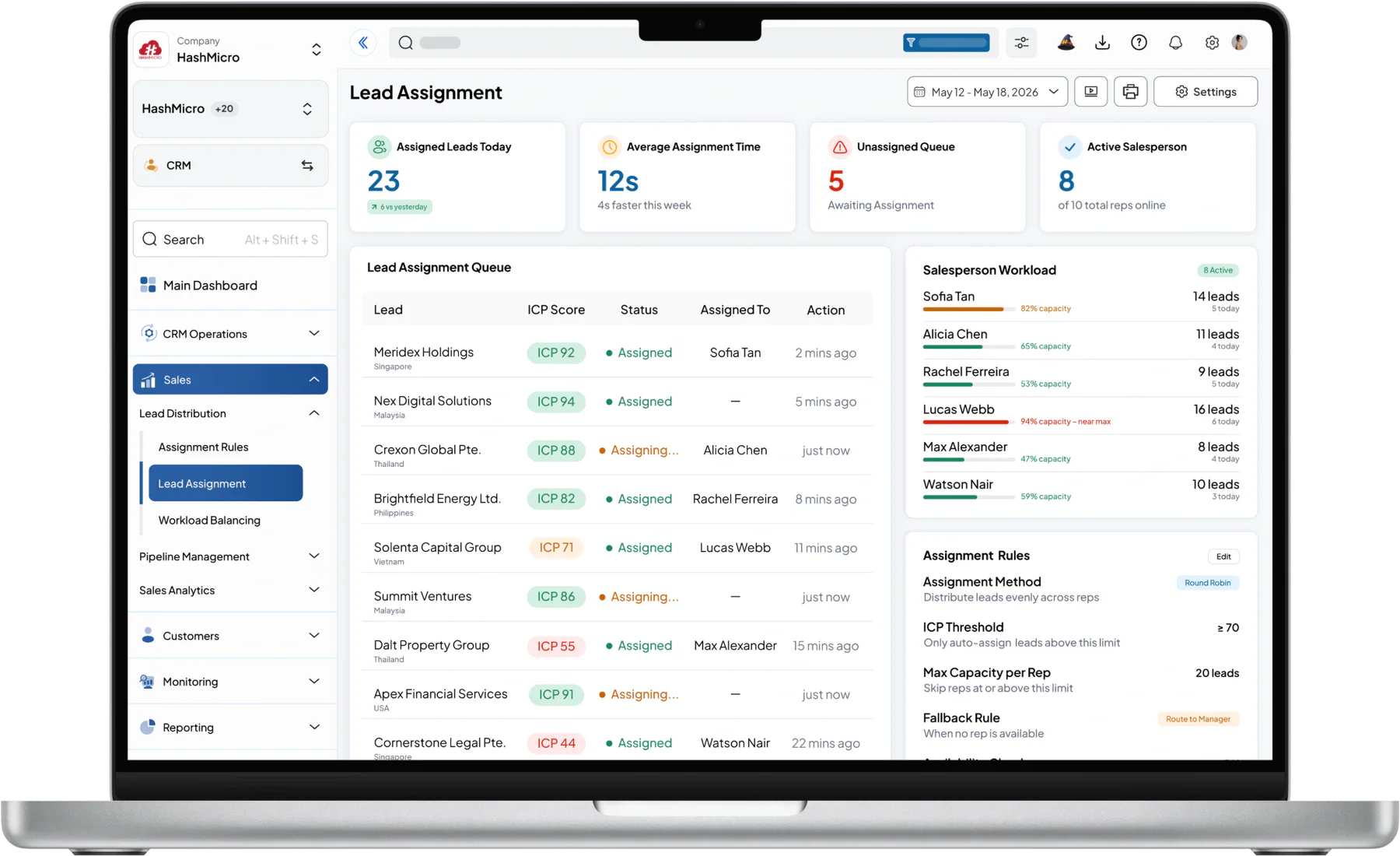 Dashboard sistem crm HashMicro untuk Pembagian Lead secara Instan