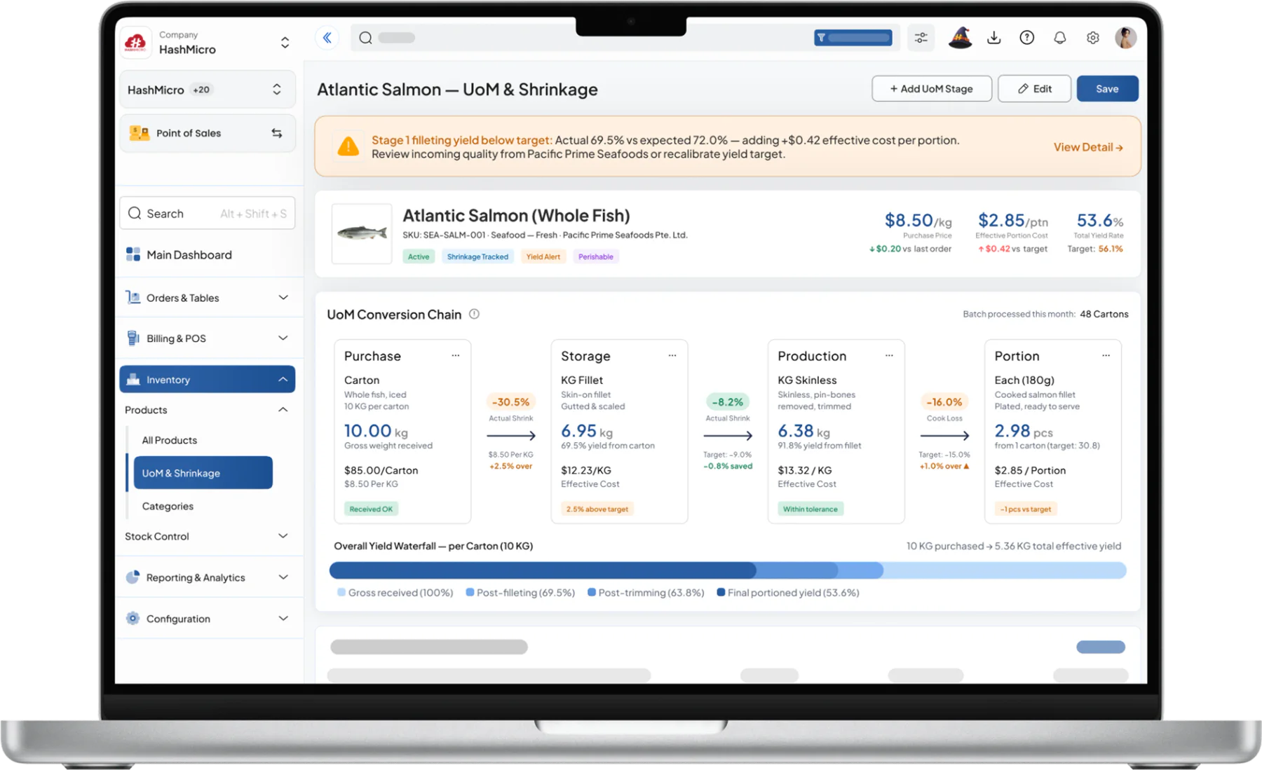 pos f&b dashboard HashMicro for Product UoM with Shrinkage Tracking