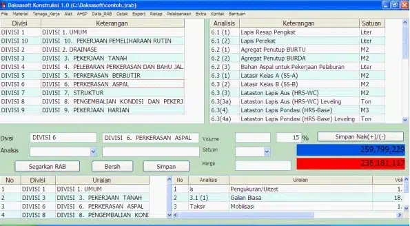tampilan menu dan fitur daksasoft konstruksi