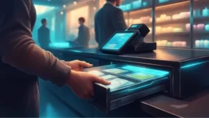 Cash drawer connected to a POS counter setup