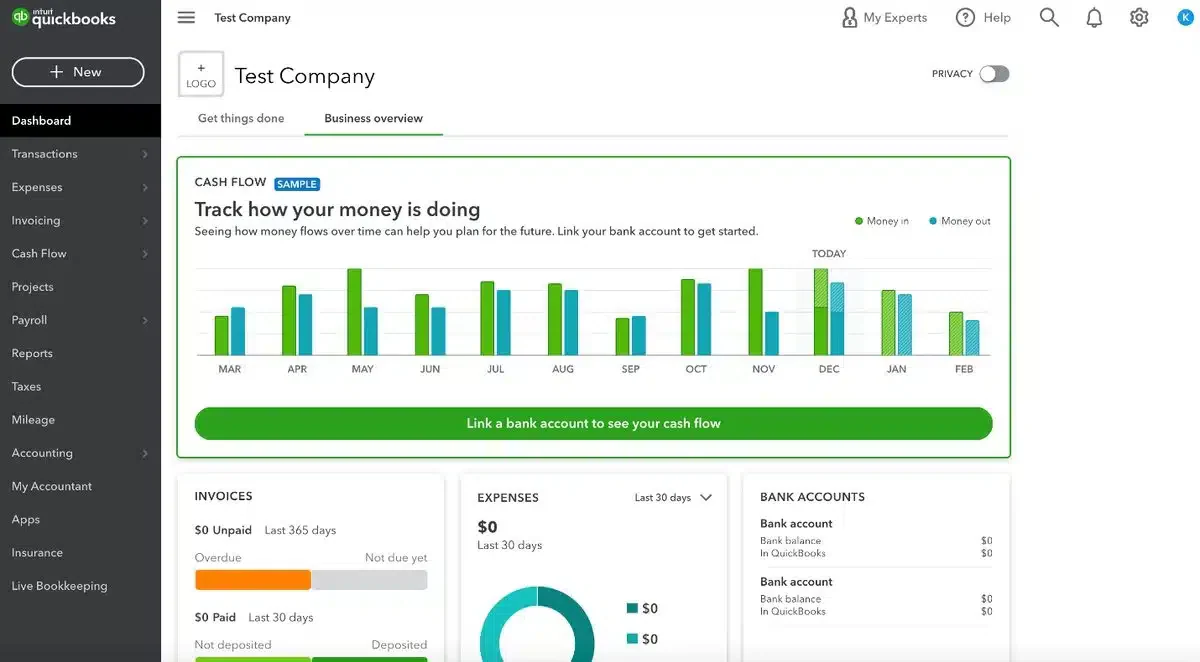 tampilan dashboard quickbooks