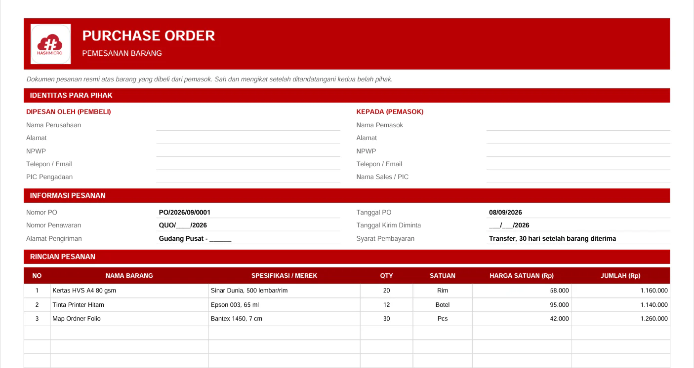 Format Surat PO Pemesanan Barang
