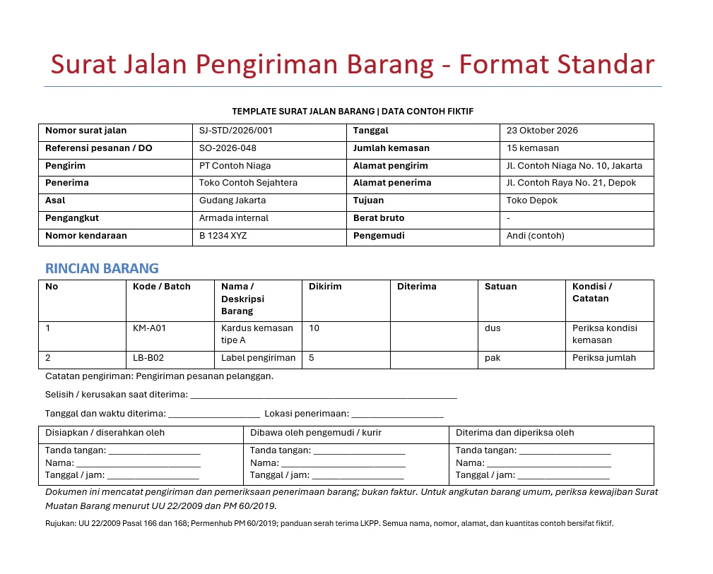 Contoh Surat Jalan Pengiriman Barang (format standar)