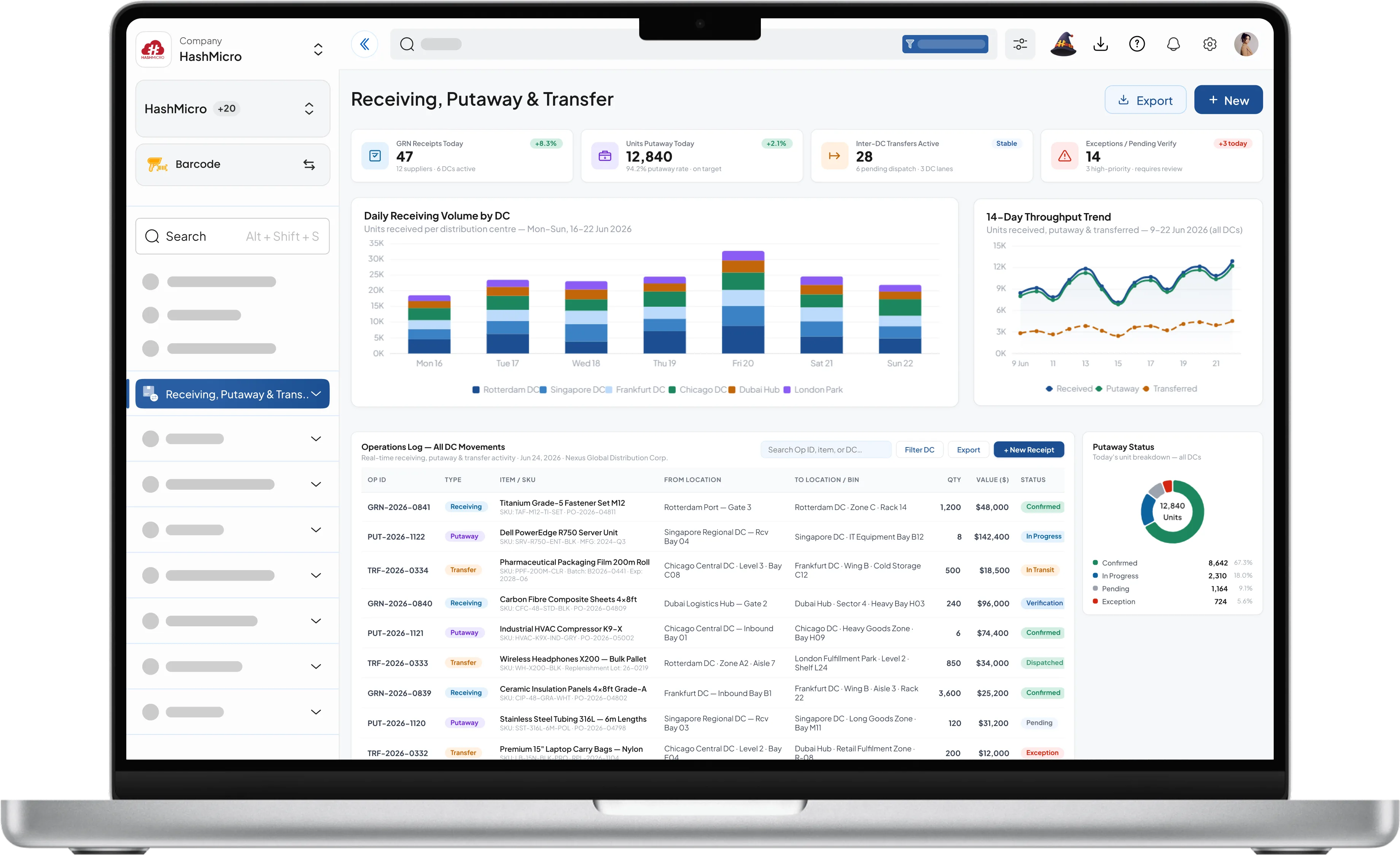 Dashboard barcode HashMicro untuk penerimaan, penyimpanan, dan transfer